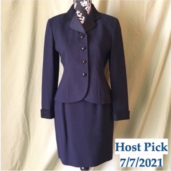 Kasper Dresses & Skirts - SOLD—Vintage 1990's Kasper Navy Bead Embellished Jeweled Skirt Suit, Size 2P